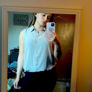 Soft grey sleeveless, button up blouse